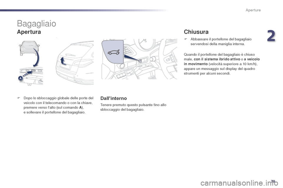 Peugeot 508 RXH 2014 Manuale del proprietario (in Italian) 79
508RXH_it_Chap02_ouvertures_ed01-2014
Bagagliaio
F Dopo lo sbloccaggio globale delle porte del veicolo con il telecomando o con la chiave,
premere verso lalto (sul comando A ),
e sollevare il p Peugeot 508 RXH 2014 Manuale del proprietario (in Italian) 79
508RXH_it_Chap02_ouvertures_ed01-2014
Bagagliaio
F Dopo lo sbloccaggio globale delle porte del veicolo con il telecomando o con la chiave,
premere verso lalto (sul comando A ),
e sollevare il p