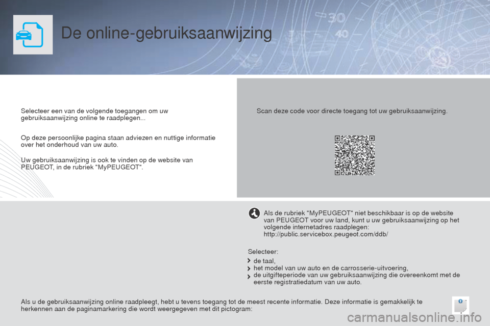Peugeot 508 RXH 2014  Handleiding (in Dutch) De online-gebruiksaanwijzing
Selecteer een van de volgende toegangen om uw 
gebruiksaanwijzing online te raadplegen...
Als u de gebruiksaanwijzing online raadpleegt, hebt u tevens toegang tot de meest