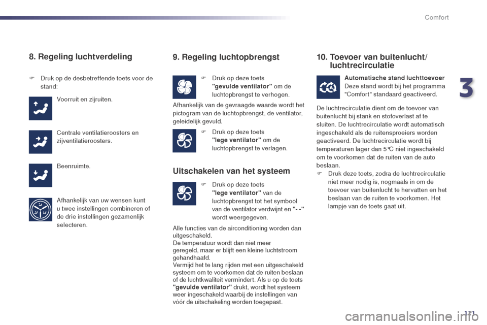 Peugeot 508 RXH 2014 Handleiding (in Dutch) 111
508RXH_nl_Chap03_confort_ed01-2014
8. Regeling luchtverdeling
F Druk op deze toets "gevulde ventilator" om de
luchtopbrengst te verhogen.
F
D
ruk op de desbetreffende toets voor de
stand:
Voor Peugeot 508 RXH 2014 Handleiding (in Dutch) 111
508RXH_nl_Chap03_confort_ed01-2014
8. Regeling luchtverdeling
F Druk op deze toets "gevulde ventilator" om de
luchtopbrengst te verhogen.
F
D
ruk op de desbetreffende toets voor de
stand:
Voor