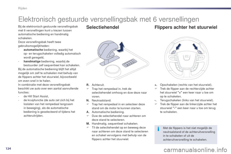 Peugeot 508 RXH 2014  Handleiding (in Dutch) 124
508RXH_nl_Chap04_conduite_ed01-2014
Elektronisch gestuurde versnellingsbak met 6 versnellingen
Bij de elektronisch gestuurde versnellingsbak 
met 6 versnellingen kunt u kiezen tussen 
automatische