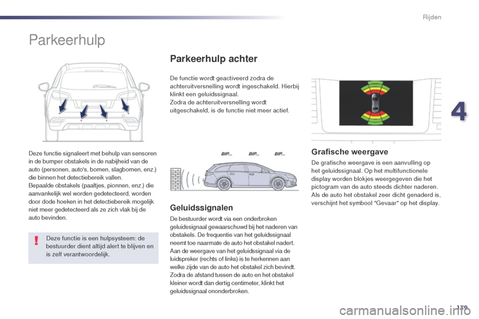 Peugeot 508 RXH 2014 Handleiding (in Dutch) 139
508RXH_nl_Chap04_conduite_ed01-2014
Deze functie signaleert met behulp van sensoren
in de bumper obstakels in de nabijheid van de
auto (personen, autos, bomen, slagbomen, enz.)
die binnen het Peugeot 508 RXH 2014 Handleiding (in Dutch) 139
508RXH_nl_Chap04_conduite_ed01-2014
Deze functie signaleert met behulp van sensoren
in de bumper obstakels in de nabijheid van de
auto (personen, autos, bomen, slagbomen, enz.)
die binnen het