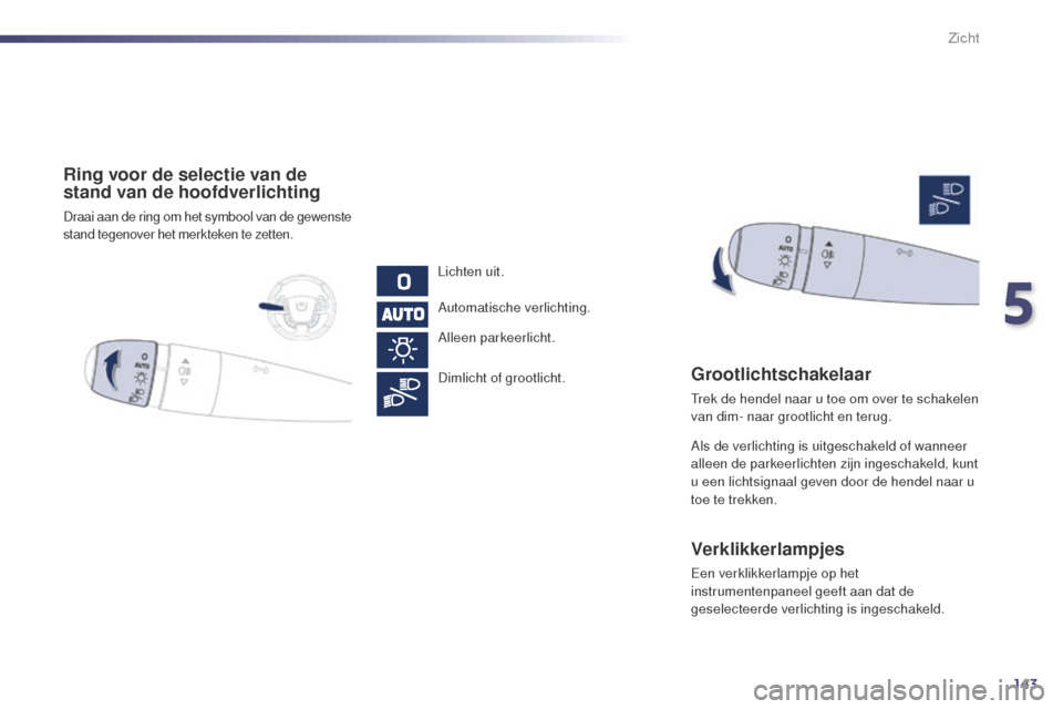 Peugeot 508 RXH 2014  Handleiding (in Dutch) 143
508RXH_nl_Chap05_visibilite_ed01-2014
Ring voor de selectie van de 
stand van de hoofdverlichting
Draai aan de ring om het symbool van de gewenste 
stand tegenover het merkteken te zetten.
Lichten