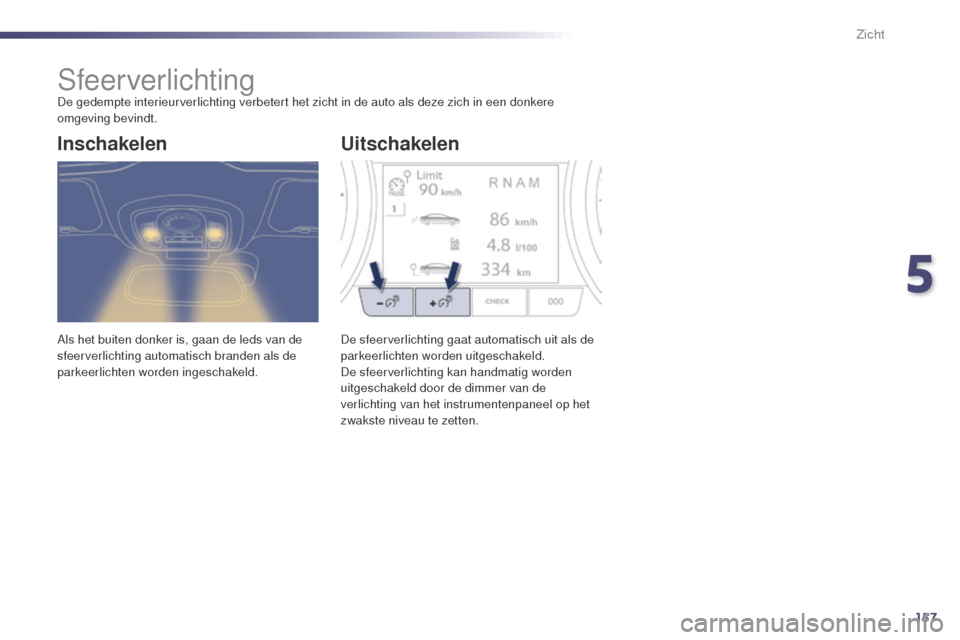 Peugeot 508 RXH 2014  Handleiding (in Dutch) 157
508RXH_nl_Chap05_visibilite_ed01-2014
SfeerverlichtingDe gedempte interieurverlichting verbetert het zicht in de auto als deze zich in een donkere 
omgeving bevindt.
Als het buiten donker is, gaan