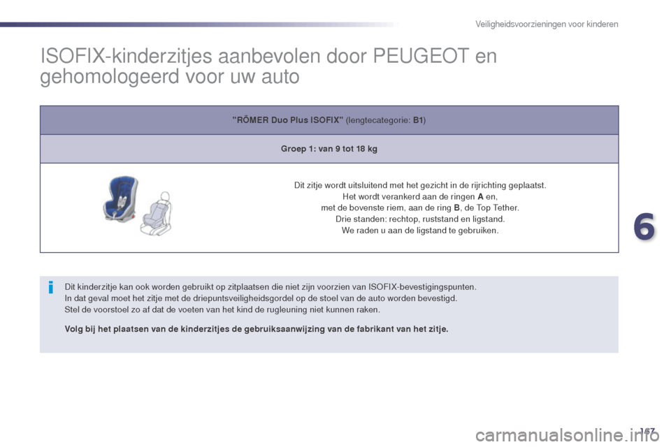 Peugeot 508 RXH 2014  Handleiding (in Dutch) 167
508RXH_nl_Chap06_securite-enfants_ed01-2014
ISOFIX-kinderzitjes aanbevolen door PEUGEOT en 
gehomologeerd voor uw auto
Dit kinderzitje kan ook worden gebruikt op zitplaatsen die niet zijn voorzien