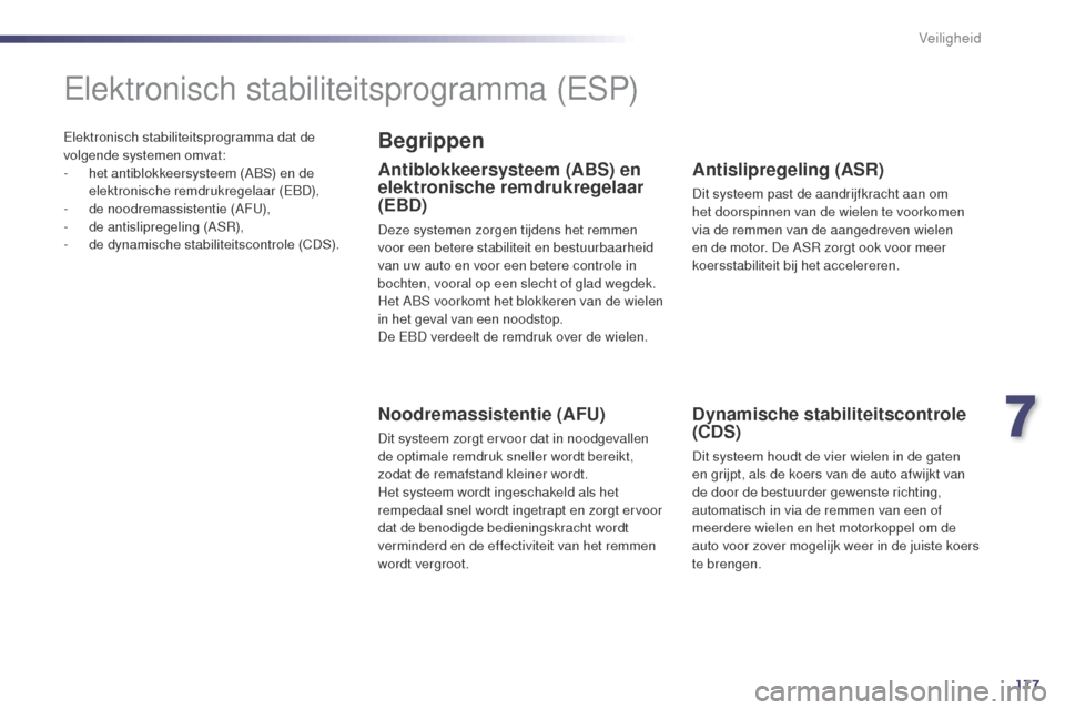 Peugeot 508 RXH 2014  Handleiding (in Dutch) 177
508RXH_nl_Chap07_securite_ed01-2014
Elektronisch stabiliteitsprogramma dat de 
volgende systemen omvat:
- 
h
 et antiblokkeersysteem (ABS) en de 
elektronische remdrukregelaar (EBD),
-
 d

e noodr