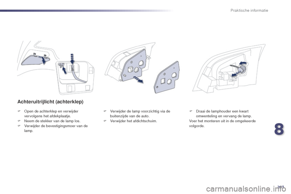 Peugeot 508 RXH 2014 Handleiding (in Dutch) 203
508RXH_nl_Chap08_info-pratiques_ed01-2014
Achteruitrijlicht (achterklep)
F Open de achterklep en verwijder vervolgens het afdekplaatje.
F
N
eem de stekker van de lamp los.
F
V
er wijder de b Peugeot 508 RXH 2014 Handleiding (in Dutch) 203
508RXH_nl_Chap08_info-pratiques_ed01-2014
Achteruitrijlicht (achterklep)
F Open de achterklep en verwijder vervolgens het afdekplaatje.
F
N
eem de stekker van de lamp los.
F
V
er wijder de b
