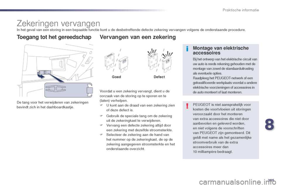 Peugeot 508 RXH 2014 Handleiding (in Dutch) 205
508RXH_nl_Chap08_info-pratiques_ed01-2014
Zekeringen vervangenIn het geval van een storing in een bepaalde functie kunt u de desbetreffende defecte zekering vervangen volgens de onderstaande proce Peugeot 508 RXH 2014 Handleiding (in Dutch) 205
508RXH_nl_Chap08_info-pratiques_ed01-2014
Zekeringen vervangenIn het geval van een storing in een bepaalde functie kunt u de desbetreffende defecte zekering vervangen volgens de onderstaande proce