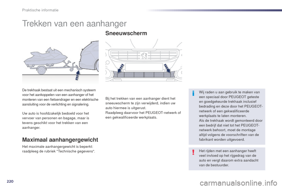 Peugeot 508 RXH 2014  Handleiding (in Dutch) 220
508RXH_nl_Chap08_info-pratiques_ed01-2014
Trekken van een aanhanger
Wij raden u aan gebruik te maken van 
een speciaal door PEUGEOT geteste 
en goedgekeurde trekhaak inclusief 
bedrading en deze d