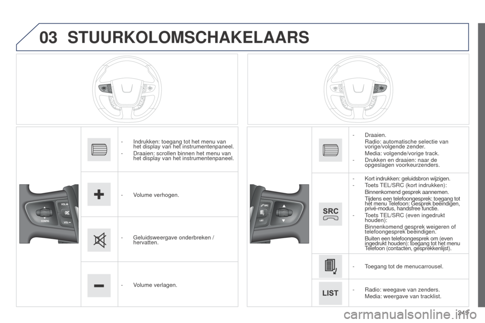 Peugeot 508 RXH 2014  Handleiding (in Dutch) 249
03
508RXH_nl_Chap11c_SMEGplus-i_ed01-2014
STUURKOLOMSCHAKELAARS
- Indrukken: toegang tot het menu van 
het display van het instrumentenpaneel.
-
 
Draaien: scrollen binnen het menu van 
het displa