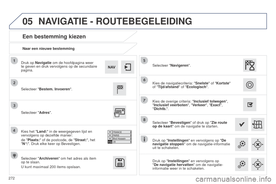 Peugeot 508 RXH 2014  Handleiding (in Dutch) 272
05
508RXH_nl_Chap11c_SMEGplus-i_ed01-2014
Naar een nieuwe bestemming
Een bestemming kiezen
Selecteer "Bestem. Invoeren".
Selecteer "Archiveren" om het adres als item 
op te slaan.
U kunt maximaal 