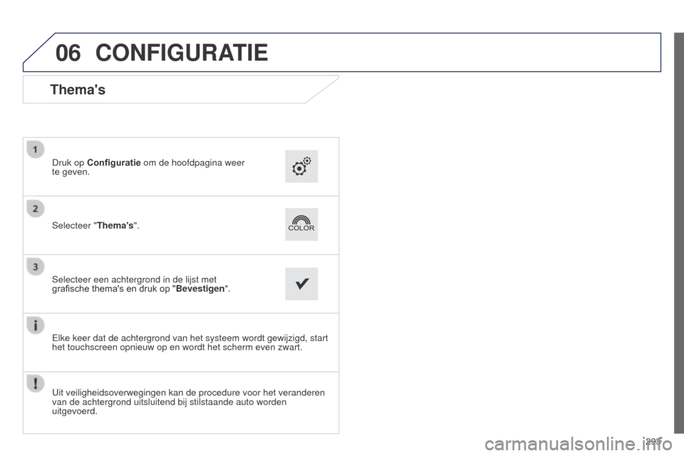 Peugeot 508 RXH 2014  Handleiding (in Dutch) 06
293
508RXH_nl_Chap11c_SMEGplus-i_ed01-2014
CONFIGURATIE
Themas
Selecteer "Themas". Druk op Configuratie om de hoofdpagina weer 
te geven.
Selecteer een achtergrond in de lijst met 
grafische	 the