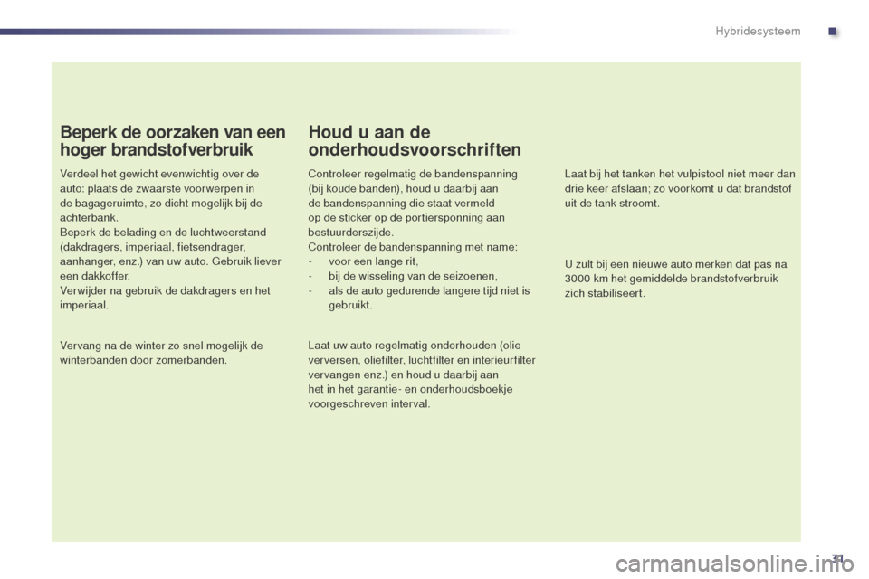 Peugeot 508 RXH 2014 Handleiding (in Dutch) 31
508RXH_nl_Chap00c_systeme-hybride_ed01-2014
Beperk de oorzaken van een
hoger brandstofverbruik
Verdeel het gewicht evenwichtig over de
auto: plaats de zwaarste voor werpen in
de bagageruimte, zo Peugeot 508 RXH 2014 Handleiding (in Dutch) 31
508RXH_nl_Chap00c_systeme-hybride_ed01-2014
Beperk de oorzaken van een
hoger brandstofverbruik
Verdeel het gewicht evenwichtig over de
auto: plaats de zwaarste voor werpen in
de bagageruimte, zo
