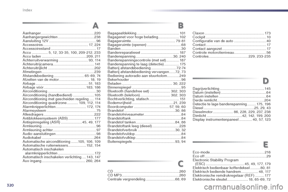 Peugeot 508 RXH 2014  Handleiding (in Dutch) 320
508RXH_nl_Chap13_index-alpha_ed01-2014
Aanhanger..................................................... 220
Aanhangergewichten .................................... 23
8
Aansluiting 12V
 ............