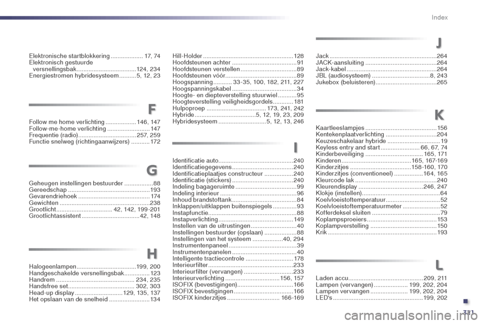 Peugeot 508 RXH 2014  Handleiding (in Dutch) 321
508RXH_nl_Chap13_index-alpha_ed01-2014
Identificatie auto............................................ 240
Identificatiegegevens  .................................... 240
Identificatieplaatjes cons