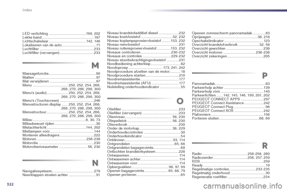 Peugeot 508 RXH 2014  Handleiding (in Dutch) 322
508RXH_nl_Chap13_index-alpha_ed01-2014
Oliefilter ......................................................... 233
Oliefilter (vervangen)  .................................... 233
Olieniveau
 

.....