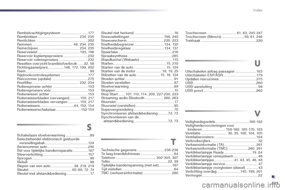 Peugeot 508 RXH 2014  Handleiding (in Dutch) 323
508RXH_nl_Chap13_index-alpha_ed01-2014
Schakelaars stoelverwarming ........................89
Sel ectiehendel elektronisch gestuurde 
versnellingsbak
 

...........................................
