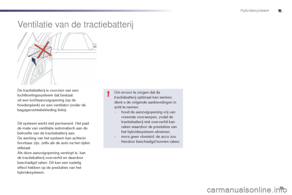 Peugeot 508 RXH 2014 Handleiding (in Dutch) 35
508RXH_nl_Chap00c_systeme-hybride_ed01-2014
Ventilatie van de tractiebatterij
De tractiebatterij is voorzien van een
luchtkoelingssysteem dat bestaat
uit een luchtaanzuigopening (op de
hoedenpla Peugeot 508 RXH 2014 Handleiding (in Dutch) 35
508RXH_nl_Chap00c_systeme-hybride_ed01-2014
Ventilatie van de tractiebatterij
De tractiebatterij is voorzien van een
luchtkoelingssysteem dat bestaat
uit een luchtaanzuigopening (op de
hoedenpla