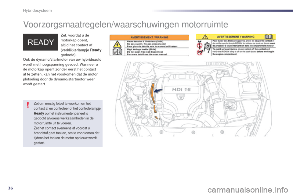 Peugeot 508 RXH 2014 Handleiding (in Dutch) 36
508RXH_nl_Chap00c_systeme-hybride_ed01-2014
Voorzorgsmaatregelen/waarschuwingen motorruimte
Zet, voordat u de
motorkap opent,
altijd het contact af
(verklikkerlampje Ready
gedoofd).
Zet om erns Peugeot 508 RXH 2014 Handleiding (in Dutch) 36
508RXH_nl_Chap00c_systeme-hybride_ed01-2014
Voorzorgsmaatregelen/waarschuwingen motorruimte
Zet, voordat u de
motorkap opent,
altijd het contact af
(verklikkerlampje Ready
gedoofd).
Zet om erns