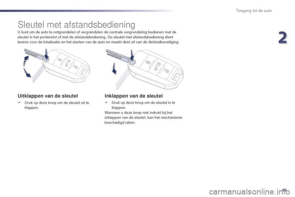 Peugeot 508 RXH 2014 Handleiding (in Dutch) 65
508RXH_nl_Chap02_ouvertures_ed01-2014
U kunt om de auto te ontgrendelen of vergrendelen de centrale vergrendeling bedienen met de
sleutel in het portierslot of met de afstandsbediening. De sleutel Peugeot 508 RXH 2014 Handleiding (in Dutch) 65
508RXH_nl_Chap02_ouvertures_ed01-2014
U kunt om de auto te ontgrendelen of vergrendelen de centrale vergrendeling bedienen met de
sleutel in het portierslot of met de afstandsbediening. De sleutel