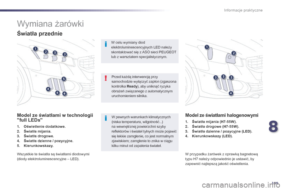 Peugeot 508 RXH 2014  Instrukcja Obsługi (in Polish) 199
508RXH_pl_Chap08_info-pratiques_ed01-2014
Wymiana żarówki
Światła przednie
Model ze światłami w technologii 
"full LEDs"
1. Oświetlenie dodatkowe.
2. Światła mijania.
3.
 Ś

wiatła drog
