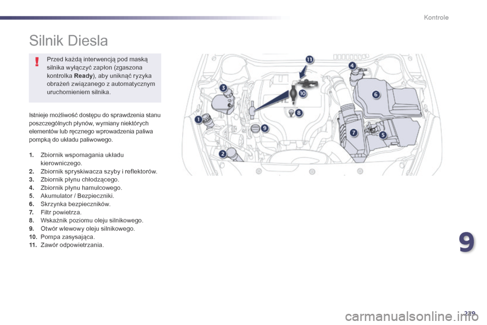 Peugeot 508 RXH 2014  Instrukcja Obsługi (in Polish) 229
508RXH_pl_Chap09_verifications_ed01-2014
Istnieje możliwość dostępu do sprawdzenia stanu 
poszczególnych płynów, wymiany niektórych 
elementów lub ręcznego wprowadzenia paliwa 
pompką d