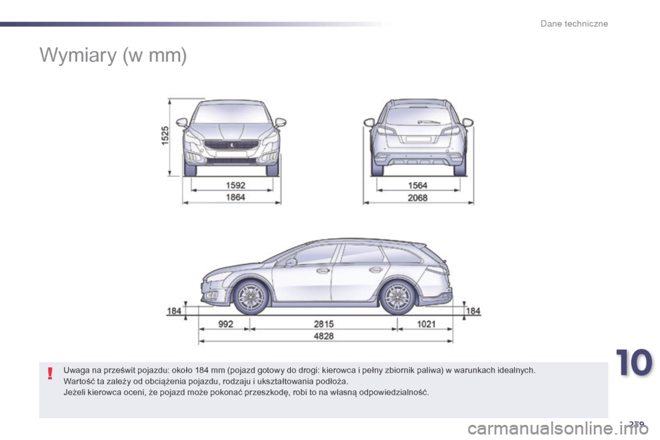 Peugeot 508 RXH 2014  Instrukcja Obsługi (in Polish) 239
508RXH_pl_Chap10_caracteristiques-techniques_ed01-2014
Wymiary (w mm)
Uwaga na prześwit pojazdu: około 184 mm (pojazd gotowy do drogi: kierowca i pełny zbiornik paliwa) w warunkach idealnych.
W