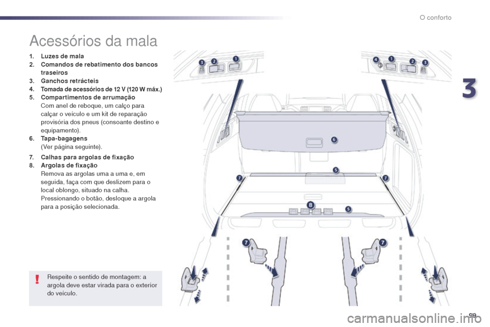 Peugeot 508 RXH 2014  Manual do proprietário (in Portuguese) 99
508rXH_pt_Chap03_confort_ed01-2014
acessórios da mala
1. Luzes  de mala
2. C omandos de rebatimento dos bancos 
traseiros
3.
 G

anchos retrácteis
4.
 Tomada de acessórios de 12 V  (120 W máx.)
