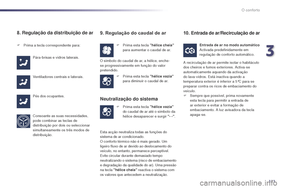 Peugeot 508 RXH 2014  Manual do proprietário (in Portuguese) 111
508rXH_pt_Chap03_confort_ed01-2014
8. Regulação da distribuição de ar
F Prima esta tecla "hélice cheia"  
para aumentar o caudal de ar.
F
 P
rima a tecla correspondente para:
Pára-brisas e v