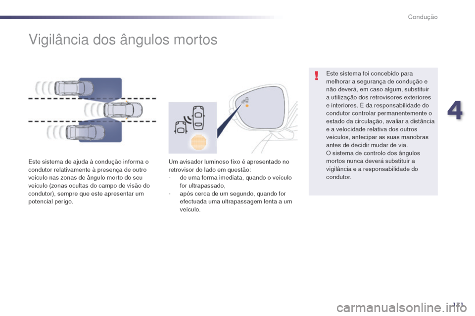 Peugeot 508 RXH 2014 Manual do proprietário (in Portuguese) 131
508rXH_pt_Chap04_conduite_ed01-2014
vigilância dos ângulos mortos
Este sistema de ajuda à condução informa o
condutor relativamente à presença de outro
veículo nas zonas de ângulo morto Peugeot 508 RXH 2014 Manual do proprietário (in Portuguese) 131
508rXH_pt_Chap04_conduite_ed01-2014
vigilância dos ângulos mortos
Este sistema de ajuda à condução informa o
condutor relativamente à presença de outro
veículo nas zonas de ângulo morto
