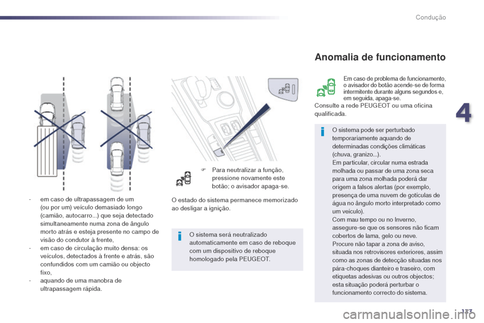 Peugeot 508 RXH 2014 Manual do proprietário (in Portuguese) 133
508rXH_pt_Chap04_conduite_ed01-2014
- em caso de ultrapassagem de um
(ou por um) veículo demasiado longo
(camião, autocarro...) que seja detectado
simultaneamente numa zona de ângulo
morto Peugeot 508 RXH 2014 Manual do proprietário (in Portuguese) 133
508rXH_pt_Chap04_conduite_ed01-2014
- em caso de ultrapassagem de um
(ou por um) veículo demasiado longo
(camião, autocarro...) que seja detectado
simultaneamente numa zona de ângulo
morto