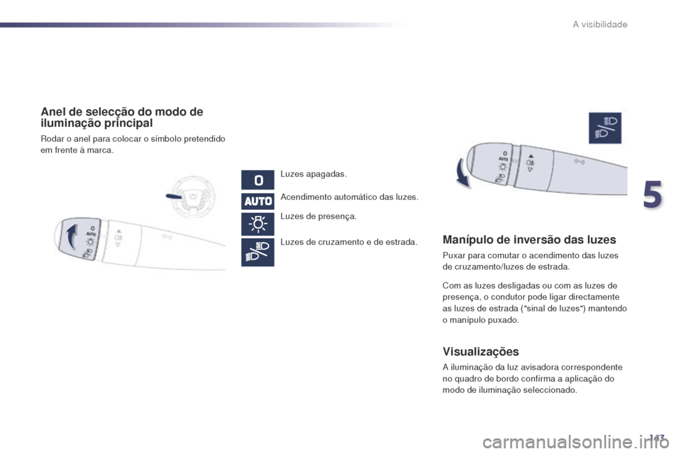 Peugeot 508 RXH 2014  Manual do proprietário (in Portuguese) 143
508rXH_pt_Chap05_visibilite_ed01-2014
Anel de selecção do modo de 
iluminação principal
rodar o anel para colocar o símbolo pretendido 
em frente à marca.
Luzes apagadas.
a

cendimento autom