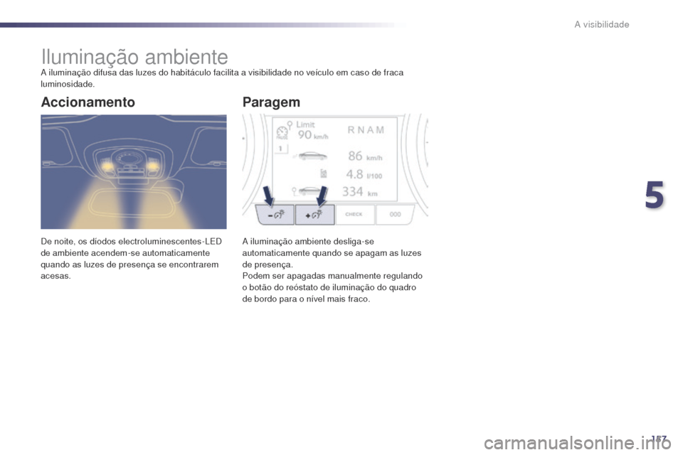 Peugeot 508 RXH 2014  Manual do proprietário (in Portuguese) 157
508rXH_pt_Chap05_visibilite_ed01-2014
Iluminação ambientea iluminação difusa das luzes do habitáculo facilita a visibilidade no veículo em caso de fraca 
lu minosidade.
De noite, os díodos 
