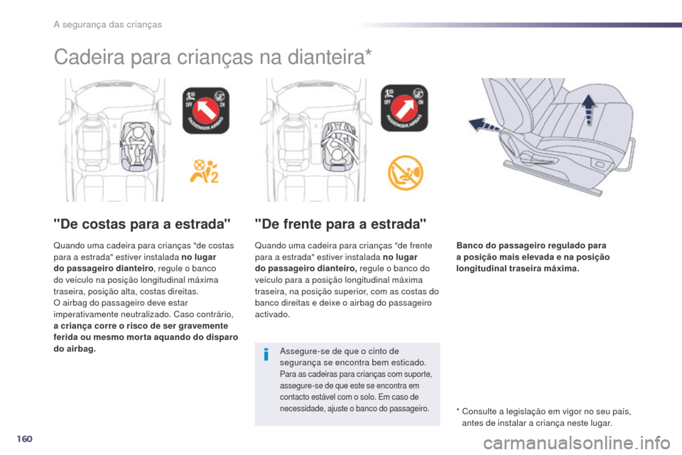 Peugeot 508 RXH 2014  Manual do proprietário (in Portuguese) 160
508rXH_pt_Chap06_securite-enfants_ed01-2014
Cadeira para crianças na dianteira*
"De costas para a estrada"
Quando uma cadeira para crianças "de costas 
para a estrada" estiver instalada no lugar