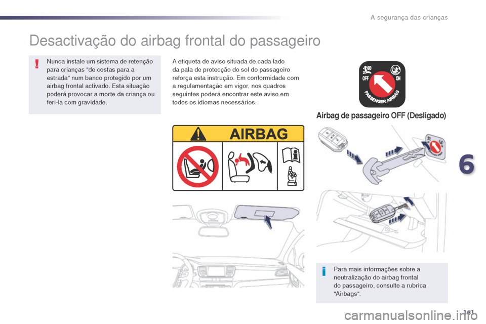 Peugeot 508 RXH 2014  Manual do proprietário (in Portuguese) 161
508rXH_pt_Chap06_securite-enfants_ed01-2014
Para mais informações sobre a 
neutralização do airbag frontal 
do passageiro, consulte a rubrica 
"
air

bags".
Desactivação do airbag frontal do