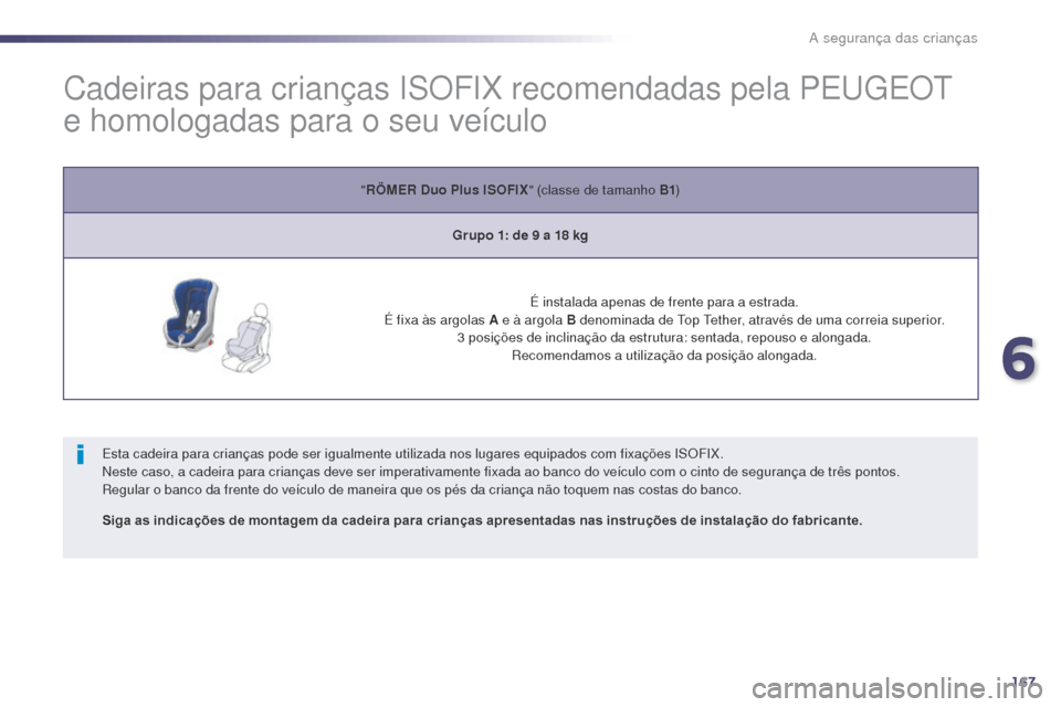 Peugeot 508 RXH 2014  Manual do proprietário (in Portuguese) 167
508rXH_pt_Chap06_securite-enfants_ed01-2014
Cadeiras para crianças ISOFIX recomendadas pela PEu gE Ot  
e homologadas para o seu veículo
Esta cadeira para crianças pode ser igualmente utilizada