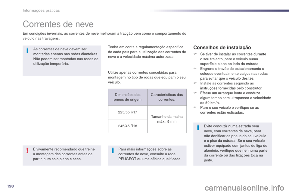 Peugeot 508 RXH 2014 Manual do proprietário (in Portuguese) 198
508rXH_pt_Chap08_info-pratiques_ed01-2014
Correntes de neve
Em condições invernais, as correntes de neve melhoram a tracção bem como o comportamento do
veículo nas travagens.
te
nha em cont Peugeot 508 RXH 2014 Manual do proprietário (in Portuguese) 198
508rXH_pt_Chap08_info-pratiques_ed01-2014
Correntes de neve
Em condições invernais, as correntes de neve melhoram a tracção bem como o comportamento do
veículo nas travagens.
te
nha em cont