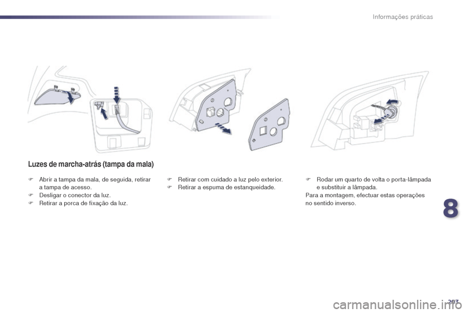 Peugeot 508 RXH 2014 Manual do proprietário (in Portuguese) 203
508rXH_pt_Chap08_info-pratiques_ed01-2014
Luzes de marcha-atrás (tampa da mala)
F abrir a tampa da mala, de seguida, retirar
a tampa de acesso.
F
D
esligar o conector da luz.
F
r
e
tirar Peugeot 508 RXH 2014 Manual do proprietário (in Portuguese) 203
508rXH_pt_Chap08_info-pratiques_ed01-2014
Luzes de marcha-atrás (tampa da mala)
F abrir a tampa da mala, de seguida, retirar
a tampa de acesso.
F
D
esligar o conector da luz.
F
r
e
tirar