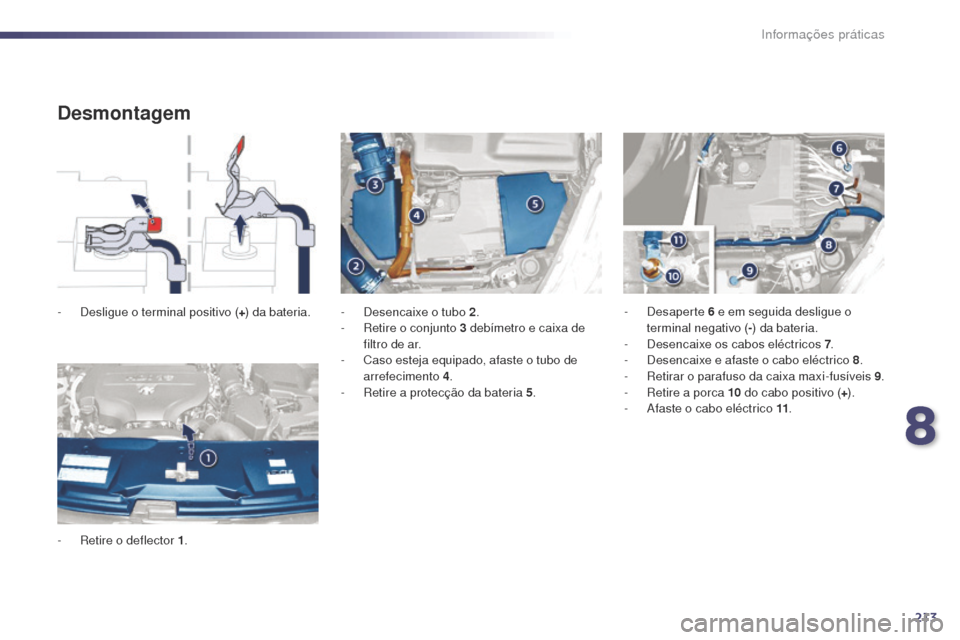 Peugeot 508 RXH 2014  Manual do proprietário (in Portuguese) 213
508rXH_pt_Chap08_info-pratiques_ed01-2014
Desmontagem
- Desligue o terminal positivo ( +) da bateria.
-   r
e
 tire o deflector 1 . -
 D esencaixe o tubo 2.
-   re tire o conjunto 3 debímetro e c