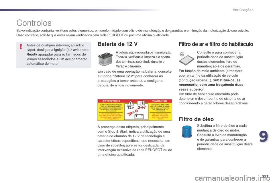 Peugeot 508 RXH 2014 Manual do proprietário (in Portuguese) 233
508rXH_pt_Chap09_verifications_ed01-2014
Controlos
Bateria de 12 V
a bateria não necessita de manutenção.to
davia, verifique a limpeza e o aperto
dos terminais, sobretudo durante o
ve
rão e Peugeot 508 RXH 2014 Manual do proprietário (in Portuguese) 233
508rXH_pt_Chap09_verifications_ed01-2014
Controlos
Bateria de 12 V
a bateria não necessita de manutenção.to
davia, verifique a limpeza e o aperto
dos terminais, sobretudo durante o
ve
rão e