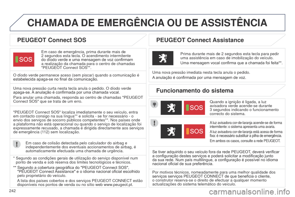 Peugeot 508 RXH 2014  Manual do proprietário (in Portuguese) 242
508rXH_pt_Chap11a_Bta_ed01-2014
CHAMADA DE   EMERGÊNCIA  OU   DE  ASSISTÊNCIA
Em caso de emergência, prima durante mais de 
2
  segundos esta tecla. O acendimento intermitente 
do díodo verde 