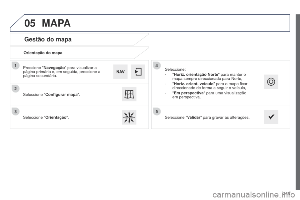 Peugeot 508 RXH 2014  Manual do proprietário (in Portuguese) 283
05
508rXH_pt_Chap11c_SMEgplus-i_ed01-2014
Gestão do mapa
MAPA
Orientação do mapa
Seleccione " Configurar mapa".
Seleccione " Orientação". Seleccione:
-
  "Horiz. orientação Norte" para mant