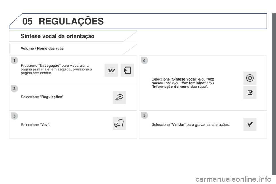 Peugeot 508 RXH 2014  Manual do proprietário (in Portuguese) 285
05
508rXH_pt_Chap11c_SMEgplus-i_ed01-2014
Síntese vocal da orientação
Volume / Nome das ruas
Seleccione "Regulações".
Seleccione " Vo z". Seleccione "
Validar" para gravar as alterações.
Pr