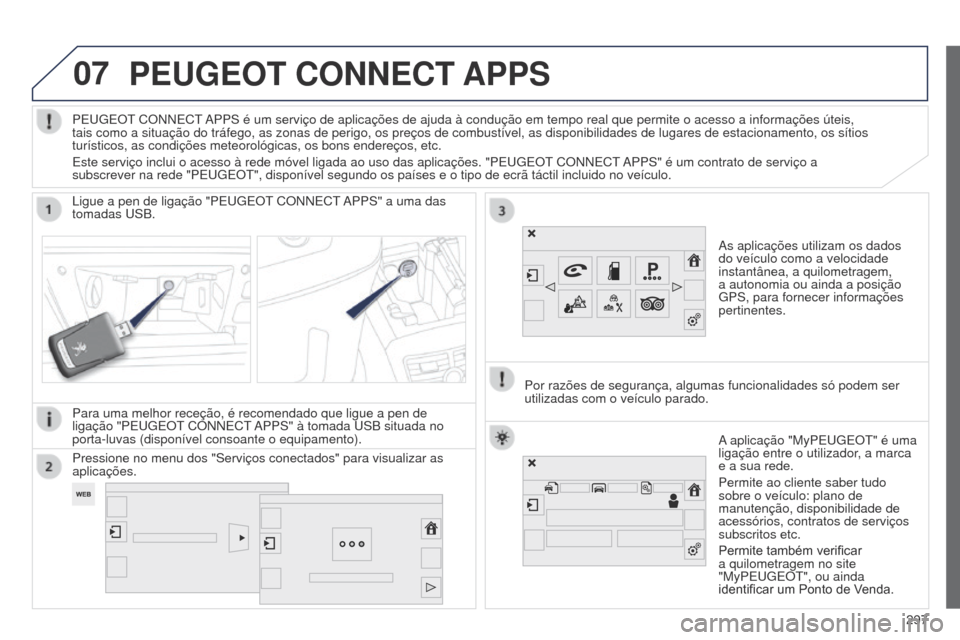 Peugeot 508 RXH 2014  Manual do proprietário (in Portuguese) 07
297
508rXH_pt_Chap11c_SMEgplus-i_ed01-2014
PEUGEOT CONNECT APPS
as aplicações utilizam os dados 
do veículo como a velocidade 
instantânea, a quilometragem, 
a autonomia ou ainda a posição 
g