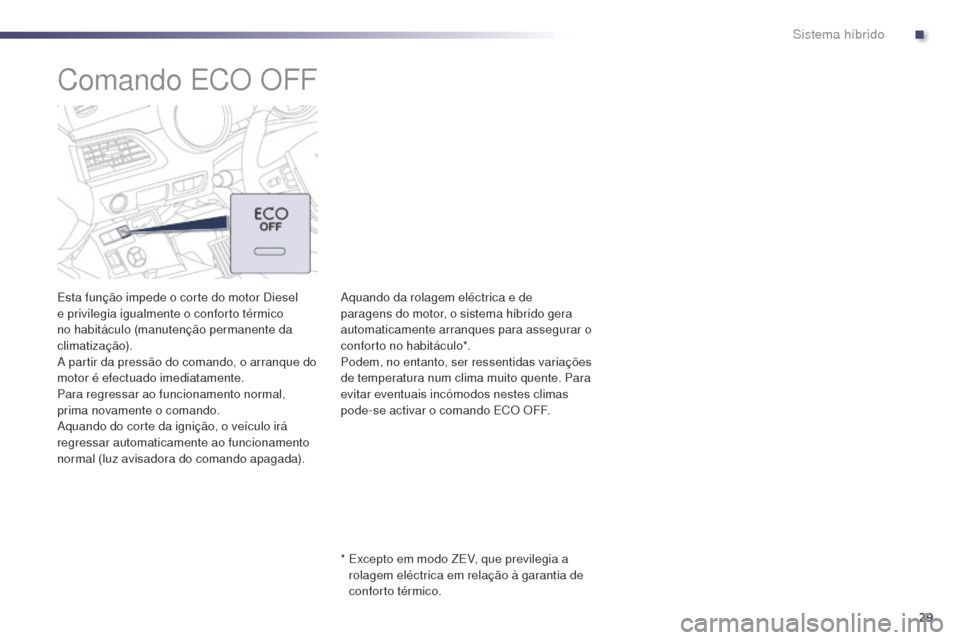 Peugeot 508 RXH 2014 Manual do proprietário (in Portuguese) 29
508rXH_pt_Chap00c_systeme-hybride_ed01-2014
Comando ECO OFF
Esta função impede o corte do motor Diesel
e privilegia igualmente o conforto térmico
no habitáculo (manutenção permanente da
cl Peugeot 508 RXH 2014 Manual do proprietário (in Portuguese) 29
508rXH_pt_Chap00c_systeme-hybride_ed01-2014
Comando ECO OFF
Esta função impede o corte do motor Diesel
e privilegia igualmente o conforto térmico
no habitáculo (manutenção permanente da
cl