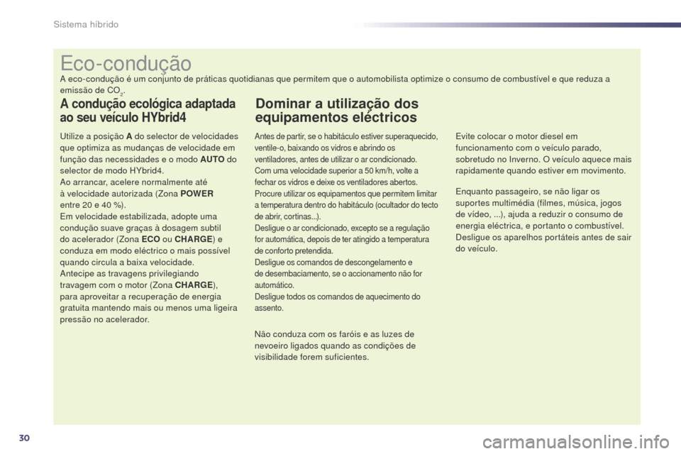 Peugeot 508 RXH 2014  Manual do proprietário (in Portuguese) 30
508rXH_pt_Chap00c_systeme-hybride_ed01-2014
Eco-condução
a eco-condução é um conjunto de práticas quotidianas que permitem que o automobilista optimize o consumo de combustível e que reduza 