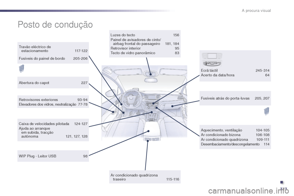 Peugeot 508 RXH 2014  Manual do proprietário (in Portuguese) 317
508rXH_pt_Chap12_recherche-visuelle_ed01-2014
Posto de condução
Luzes do tecto 1 56
Painel de avisadores de cinto/  airbag frontal do passageiro
 1

81, 184
re

trovisor interior  
9
 5
te

cto 
