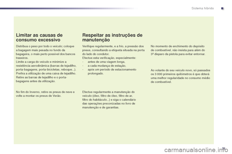 Peugeot 508 RXH 2014  Manual do proprietário (in Portuguese) 31
508rXH_pt_Chap00c_systeme-hybride_ed01-2014
Limitar as causas de 
consumo excessivo
Distribua o peso por todo o veículo; coloque 
a bagagem mais pesada no fundo da 
bagageira, o mais perto possív