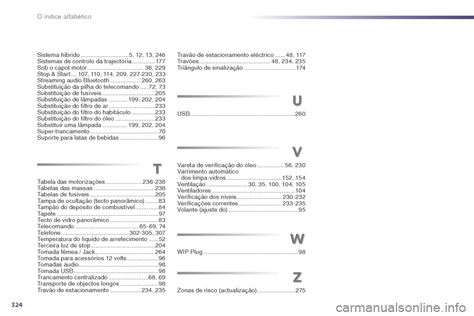 Peugeot 508 RXH 2014  Manual do proprietário (in Portuguese) 324
508rXH_pt_Chap13_index-alpha_ed01-2014
travão de estacionamento eléctrico ...... 4 8 ,  117t
r a v õ e s  ........................................... 48, 234, 235
tr

iângulo de sinalização
