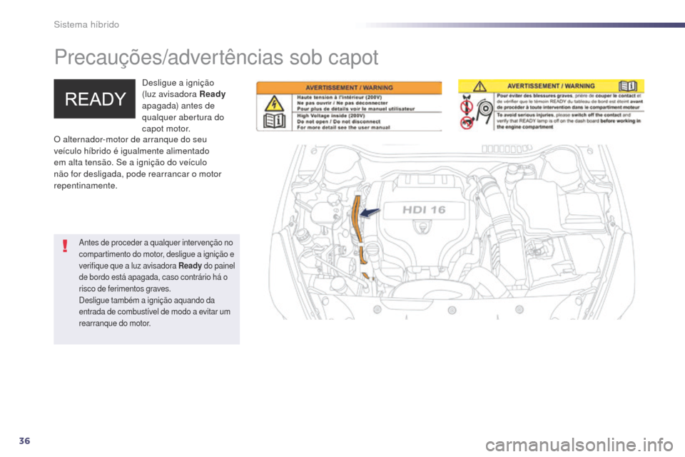 Peugeot 508 RXH 2014 Manual do proprietário (in Portuguese) 36
508rXH_pt_Chap00c_systeme-hybride_ed01-2014
Precauções/advertências sob capot
Desligue a ignição
(luz avisadora Ready
apagada) antes de
qualquer abertura do
capot motor.
antes de proceder Peugeot 508 RXH 2014 Manual do proprietário (in Portuguese) 36
508rXH_pt_Chap00c_systeme-hybride_ed01-2014
Precauções/advertências sob capot
Desligue a ignição
(luz avisadora Ready
apagada) antes de
qualquer abertura do
capot motor.
antes de proceder
