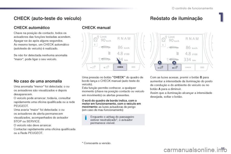 Peugeot 508 RXH 2014 Manual do proprietário (in Portuguese) 53
508rXH_pt_Chap01_controle-de-marche_ed01-2014
* Consoante a versão.
CHECK (auto-teste do veículo)
CHECK automático
Chave na posição de contacto, todos os
avisadores das funções testadas ace Peugeot 508 RXH 2014 Manual do proprietário (in Portuguese) 53
508rXH_pt_Chap01_controle-de-marche_ed01-2014
* Consoante a versão.
CHECK (auto-teste do veículo)
CHECK automático
Chave na posição de contacto, todos os
avisadores das funções testadas ace